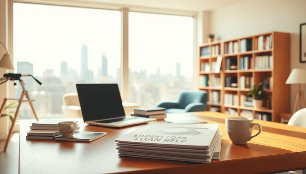 A bright, airy office setting with a cozy, comfortable atmosphere. In the foreground, a wooden desk with a laptop, some books, and a cup of coffee. On the desk, a folder labeled "Student Loan Help" and a stack of informational pamphlets. In the middle ground, a bookshelf filled with finance and education-related books. Soft, warm lighting illuminates the scene, creating a welcoming and supportive environment. In the background, a large window overlooking a city skyline, symbolizing the potential for a brighter future through education and financial assistance. The overall mood is one of hope, guidance, and empowerment for students navigating the complexities of student loan management. A bright, airy office setting with a cozy, comfortable atmosphere. In the foreground, a wooden desk with a laptop, some books, and a cup of coffee. On the desk, a folder labeled "Student Loan Help" and a stack of informational pamphlets. In the middle ground, a bookshelf filled with finance and education-related books. Soft, warm lighting illuminates the scene, creating a welcoming and supportive environment. In the background, a large window overlooking a city skyline, symbolizing the potential for a brighter future through education and financial assistance. The overall mood is one of hope, guidance, and empowerment for students navigating the complexities of student loan management.