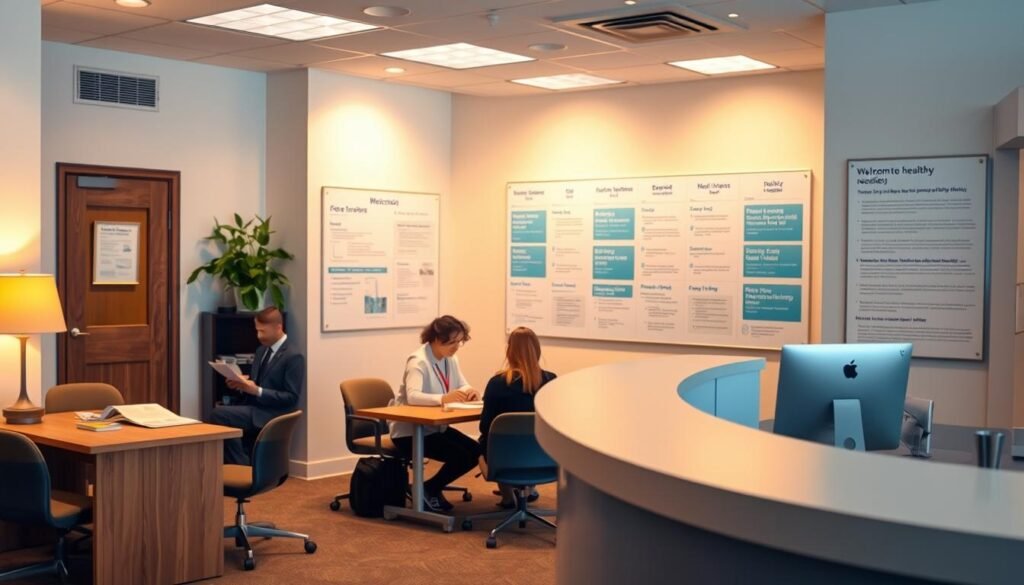 A clean, well-lit office interior with a welcoming reception desk in the foreground. In the middle ground, a group of people sitting at desks, reviewing documents and filling out forms. The background features a large display board with information about different health plan options. Warm, professional lighting casts a soft glow, creating a calm and reassuring atmosphere. The overall scene conveys the process of navigating health plan enrollment, with a focus on the practical aspects of the experience. A clean, well-lit office interior with a welcoming reception desk in the foreground. In the middle ground, a group of people sitting at desks, reviewing documents and filling out forms. The background features a large display board with information about different health plan options. Warm, professional lighting casts a soft glow, creating a calm and reassuring atmosphere. The overall scene conveys the process of navigating health plan enrollment, with a focus on the practical aspects of the experience.