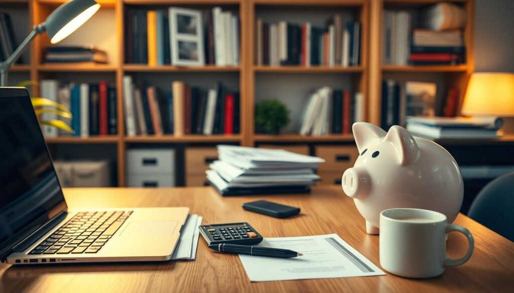A cozy home office setting with a wooden desk, a laptop, a stack of financial documents, and a piggy bank. Warm lighting and a sense of organization and productivity. In the background, shelves display various finance-related books and resources. On the desk, a calculator, a pen, and a mug of coffee create a scene of financial planning and diligence. The overall atmosphere conveys a sense of financial security and preparedness, reflecting the importance of building an emergency fund. A cozy home office setting with a wooden desk, a laptop, a stack of financial documents, and a piggy bank. Warm lighting and a sense of organization and productivity. In the background, shelves display various finance-related books and resources. On the desk, a calculator, a pen, and a mug of coffee create a scene of financial planning and diligence. The overall atmosphere conveys a sense of financial security and preparedness, reflecting the importance of building an emergency fund.