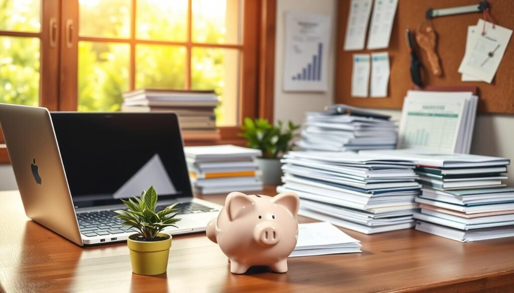A cozy home office setup, with a wooden desk adorned with a small potted plant, a laptop, and a piggy bank placed prominently in the foreground. The middle ground features stacks of neatly organized file folders and a cork board with financial documents pinned up. In the background, a large window overlooking a lush, verdant garden, bathed in warm, natural lighting. The overall atmosphere is one of diligence, focus, and a sense of financial security, conveying the importance of building a solid emergency fund savings. A cozy home office setup, with a wooden desk adorned with a small potted plant, a laptop, and a piggy bank placed prominently in the foreground. The middle ground features stacks of neatly organized file folders and a cork board with financial documents pinned up. In the background, a large window overlooking a lush, verdant garden, bathed in warm, natural lighting. The overall atmosphere is one of diligence, focus, and a sense of financial security, conveying the importance of building a solid emergency fund savings.