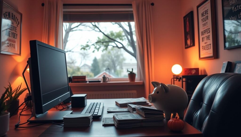 A cozy home office with a desktop computer, a stack of bills, and a piggy bank on the desk. Warm, soft lighting illuminates the scene, creating a sense of focus and determination. The walls are adorned with inspirational artwork, hinting at the diligence and resilience required to build an emergency fund while tackling debt. In the background, a window offers a glimpse of a tranquil, tree-lined suburban neighborhood, symbolizing the stability and security that a well-managed emergency fund can provide. A cozy home office with a desktop computer, a stack of bills, and a piggy bank on the desk. Warm, soft lighting illuminates the scene, creating a sense of focus and determination. The walls are adorned with inspirational artwork, hinting at the diligence and resilience required to build an emergency fund while tackling debt. In the background, a window offers a glimpse of a tranquil, tree-lined suburban neighborhood, symbolizing the stability and security that a well-managed emergency fund can provide.
