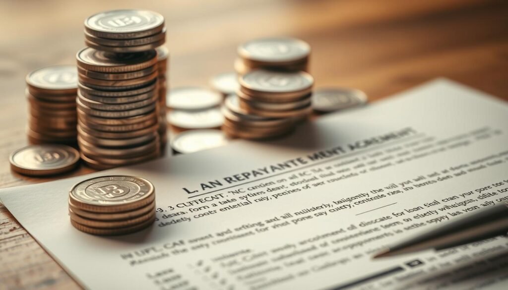 A detailed financial agreement against a backdrop of stacked coins, with a serene and professional atmosphere. The document prominently features the loan repayment terms, presented in a clear and organized manner. The scene is illuminated by warm, indirect lighting, creating a sense of trust and reliability. The perspective is slightly elevated, allowing the viewer to easily read and comprehend the key details. The overall composition conveys the importance and gravity of the loan repayment process. A detailed financial agreement against a backdrop of stacked coins, with a serene and professional atmosphere. The document prominently features the loan repayment terms, presented in a clear and organized manner. The scene is illuminated by warm, indirect lighting, creating a sense of trust and reliability. The perspective is slightly elevated, allowing the viewer to easily read and comprehend the key details. The overall composition conveys the importance and gravity of the loan repayment process.