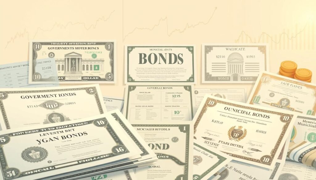 A detailed illustration of various investment options, including government bonds, corporate bonds, and municipal bonds, captured in a warm, informative style. The foreground features meticulously rendered bond certificates, displaying their unique designs and security features. The middle ground showcases different bond types, organized and labeled for clarity. The background blends a soft, neutral tone with subtle financial graphs and charts, providing context and depth to the composition. Lighting is gentle, with a touch of directional illumination to highlight the key elements. The overall atmosphere conveys a sense of financial stability and educational purpose, suitable for an informative guide on investment vehicles. A detailed illustration of various investment options, including government bonds, corporate bonds, and municipal bonds, captured in a warm, informative style. The foreground features meticulously rendered bond certificates, displaying their unique designs and security features. The middle ground showcases different bond types, organized and labeled for clarity. The background blends a soft, neutral tone with subtle financial graphs and charts, providing context and depth to the composition. Lighting is gentle, with a touch of directional illumination to highlight the key elements. The overall atmosphere conveys a sense of financial stability and educational purpose, suitable for an informative guide on investment vehicles.