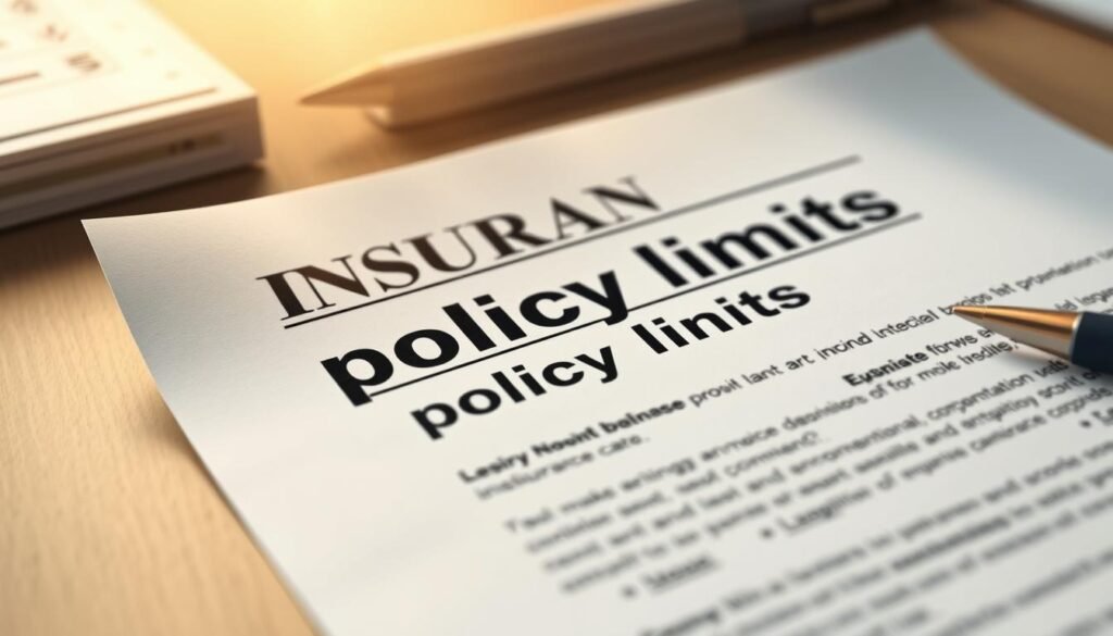 A detailed, photorealistic illustration of an insurance policy with the term "policy limits" prominently displayed. The policy document appears to be placed on a solid, neutral-colored desk or table, with a warm, soft lighting illuminating the scene. The focus is on the policy limits section, which is clearly legible and highlighted, conveying its importance. The background is slightly blurred, keeping the attention on the policy document. The overall composition and lighting create a sense of professionalism and authority, reflecting the serious nature of the topic. A detailed, photorealistic illustration of an insurance policy with the term "policy limits" prominently displayed. The policy document appears to be placed on a solid, neutral-colored desk or table, with a warm, soft lighting illuminating the scene. The focus is on the policy limits section, which is clearly legible and highlighted, conveying its importance. The background is slightly blurred, keeping the attention on the policy document. The overall composition and lighting create a sense of professionalism and authority, reflecting the serious nature of the topic.