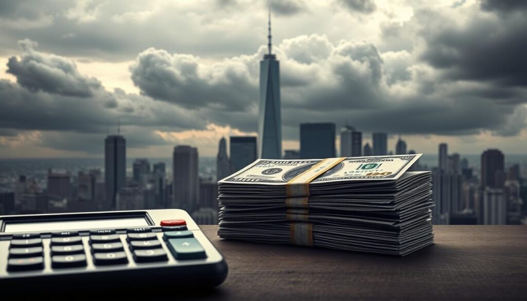 A detailed, photorealistic illustration of the impact of inflation on compound interest rates. In the foreground, a calculator displays a declining interest rate curve as inflation increases. In the middle ground, a stack of US dollar bills representing investment capital appears to shrink over time. In the background, a cityscape with skyscrapers symbolizes the economic environment, with dark clouds gathering to represent the effect of rising inflation. The lighting is muted and somber, conveying a sense of economic uncertainty. The overall composition emphasizes the detrimental impact of inflation on the power of compound interest to grow wealth over time. A detailed, photorealistic illustration of the impact of inflation on compound interest rates. In the foreground, a calculator displays a declining interest rate curve as inflation increases. In the middle ground, a stack of US dollar bills representing investment capital appears to shrink over time. In the background, a cityscape with skyscrapers symbolizes the economic environment, with dark clouds gathering to represent the effect of rising inflation. The lighting is muted and somber, conveying a sense of economic uncertainty. The overall composition emphasizes the detrimental impact of inflation on the power of compound interest to grow wealth over time.