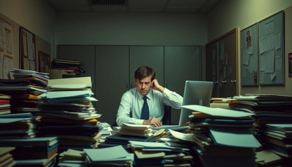 A dimly lit, cluttered office with stacks of paperwork and folders scattered across a messy desk. A stressed-out individual, dressed in professional attire, sits hunched over a computer, brow furrowed in frustration. The walls are lined with filing cabinets and bulletin boards, giving the impression of a complex, labyrinthine bureaucratic process. Soft, warm lighting casts shadows, creating a sense of tension and unease. The atmosphere is one of bureaucratic red tape and administrative complexity, reflecting the challenges of navigating the health insurance appeals process. A dimly lit, cluttered office with stacks of paperwork and folders scattered across a messy desk. A stressed-out individual, dressed in professional attire, sits hunched over a computer, brow furrowed in frustration. The walls are lined with filing cabinets and bulletin boards, giving the impression of a complex, labyrinthine bureaucratic process. Soft, warm lighting casts shadows, creating a sense of tension and unease. The atmosphere is one of bureaucratic red tape and administrative complexity, reflecting the challenges of navigating the health insurance appeals process.
