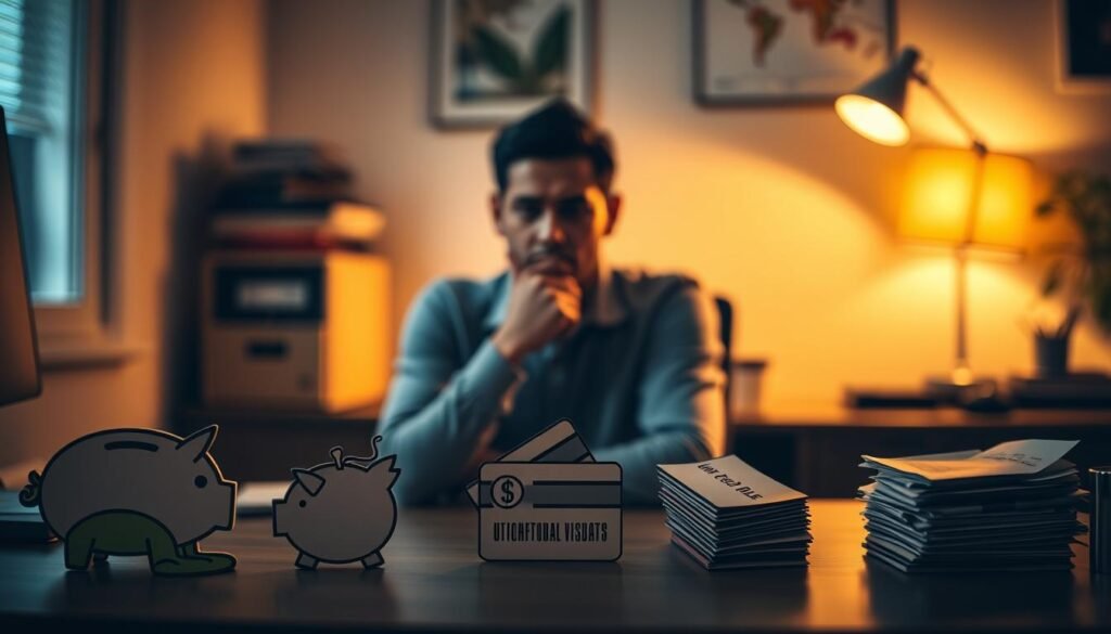 A dimly lit home office setting with a desk, computer, and various office supplies. In the foreground, several common financial mistakes are depicted as icons or symbols, such as a leaky piggy bank, a credit card with high interest rates, and a stack of unpaid bills. The middle ground features a person sitting at the desk, contemplating their finances with a concerned expression. The background is softly blurred, creating a sense of focus on the key elements. Warm lighting from a desk lamp casts a cozy glow, while shadows add depth and drama. The overall mood is one of thoughtfulness and a desire to take control of one's financial situation. A dimly lit home office setting with a desk, computer, and various office supplies. In the foreground, several common financial mistakes are depicted as icons or symbols, such as a leaky piggy bank, a credit card with high interest rates, and a stack of unpaid bills. The middle ground features a person sitting at the desk, contemplating their finances with a concerned expression. The background is softly blurred, creating a sense of focus on the key elements. Warm lighting from a desk lamp casts a cozy glow, while shadows add depth and drama. The overall mood is one of thoughtfulness and a desire to take control of one's financial situation.