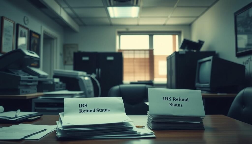 A dingy, dimly lit government office with a cluttered desk and outdated computer equipment. On the desk, a stack of official-looking documents and envelopes marked "IRS Refund Status." The room is cast in a cold, fluorescent light, creating an atmosphere of bureaucratic indifference. In the background, a looming filing cabinet and a window partially obscured by blinds, suggesting the slow, frustrating process of navigating the IRS bureaucracy. The overall mood conveys a sense of frustration and a lack of transparency surrounding the refund status. A dingy, dimly lit government office with a cluttered desk and outdated computer equipment. On the desk, a stack of official-looking documents and envelopes marked "IRS Refund Status." The room is cast in a cold, fluorescent light, creating an atmosphere of bureaucratic indifference. In the background, a looming filing cabinet and a window partially obscured by blinds, suggesting the slow, frustrating process of navigating the IRS bureaucracy. The overall mood conveys a sense of frustration and a lack of transparency surrounding the refund status.