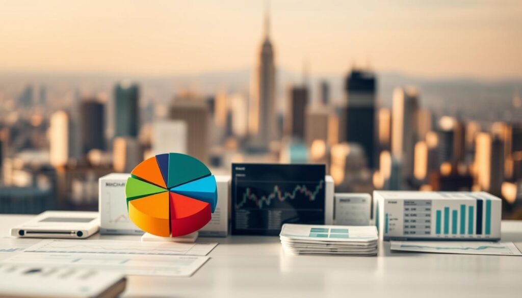 A diverse portfolio of index funds representing the global stock and bond markets, captured through a wide-angle lens with a shallow depth of field. In the foreground, a stylized graphic of a pie chart depicting the asset allocation - a mix of domestic and international equities, government and corporate bonds. The middle ground features abstract line graphs and financial charts, hinting at the performance tracking and risk diversification of index investing. The background is a softly blurred cityscape, symbolizing the broad market exposure and long-term growth potential of this investment approach. The lighting is warm and inviting, conveying a sense of stability and security associated with index fund diversification. A diverse portfolio of index funds representing the global stock and bond markets, captured through a wide-angle lens with a shallow depth of field. In the foreground, a stylized graphic of a pie chart depicting the asset allocation - a mix of domestic and international equities, government and corporate bonds. The middle ground features abstract line graphs and financial charts, hinting at the performance tracking and risk diversification of index investing. The background is a softly blurred cityscape, symbolizing the broad market exposure and long-term growth potential of this investment approach. The lighting is warm and inviting, conveying a sense of stability and security associated with index fund diversification.