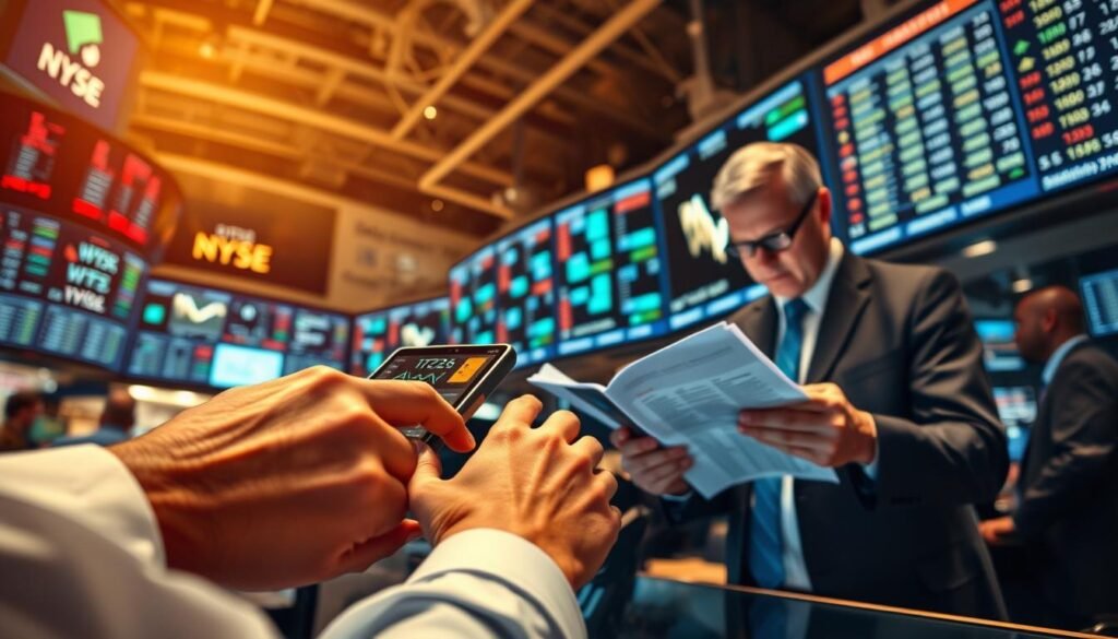 A dynamic scene depicting the flexibility of ETF trading compared to mutual funds. In the foreground, a stock trader's hands rapidly executing buy and sell orders on a touchscreen display, representing the real-time trading advantages of ETFs. In the middle ground, a mutual fund manager carefully analyzing financial reports, symbolizing the slower, more deliberate decision-making process. The background features a bustling stock exchange floor, with ticker symbols and financial data projected on large screens, highlighting the active, liquid nature of the ETF market. Soft, warm lighting casts an air of decisiveness and efficiency, contrasting the more methodical, institutional feel of the mutual fund sector. The overall composition conveys the agility and responsiveness of ETFs relative to the more measured approach of traditional mutual funds. A dynamic scene depicting the flexibility of ETF trading compared to mutual funds. In the foreground, a stock trader's hands rapidly executing buy and sell orders on a touchscreen display, representing the real-time trading advantages of ETFs. In the middle ground, a mutual fund manager carefully analyzing financial reports, symbolizing the slower, more deliberate decision-making process. The background features a bustling stock exchange floor, with ticker symbols and financial data projected on large screens, highlighting the active, liquid nature of the ETF market. Soft, warm lighting casts an air of decisiveness and efficiency, contrasting the more methodical, institutional feel of the mutual fund sector. The overall composition conveys the agility and responsiveness of ETFs relative to the more measured approach of traditional mutual funds.