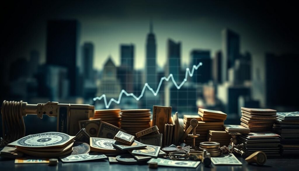 A high-contrast, wide-angle photograph of a diverse portfolio of financial instruments representing common bond market risk factors. In the foreground, various fixed-income securities such as government bonds, corporate bonds, and high-yield bonds are arrayed in an orderly fashion. In the middle ground, a risk-measurement chart or graph is prominently displayed, visualizing the relative volatility and correlation of the different bond types. The background shows a blurred cityscape, evoking the urban financial landscape. The lighting is dramatic, with strong directional shadows emphasizing the dimensional qualities of the objects. The overall tone is one of analytical clarity and professional presentation, suitable for illustrating the complexities of bond market risk diversification. A high-contrast, wide-angle photograph of a diverse portfolio of financial instruments representing common bond market risk factors. In the foreground, various fixed-income securities such as government bonds, corporate bonds, and high-yield bonds are arrayed in an orderly fashion. In the middle ground, a risk-measurement chart or graph is prominently displayed, visualizing the relative volatility and correlation of the different bond types. The background shows a blurred cityscape, evoking the urban financial landscape. The lighting is dramatic, with strong directional shadows emphasizing the dimensional qualities of the objects. The overall tone is one of analytical clarity and professional presentation, suitable for illustrating the complexities of bond market risk diversification.