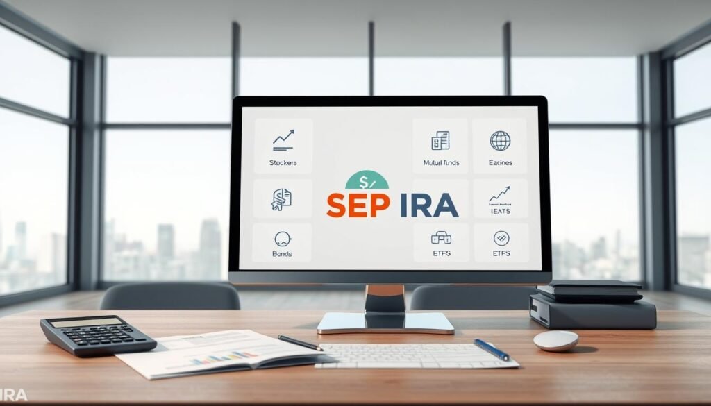 A high-resolution 3D render of a modern office desk with various investment options for a SEP IRA retirement account displayed on a sleek desktop monitor. The foreground features financial documents, calculator, and a stylized SEP IRA logo. The middle ground showcases different investment icons representing stocks, bonds, mutual funds, and ETFs. The background depicts a serene, minimalist office environment with large windows overlooking a cityscape. The lighting is soft and diffused, creating a sense of professionalism and financial security. The overall composition conveys the theme of managing a SEP IRA investment portfolio for retirement planning. A high-resolution 3D render of a modern office desk with various investment options for a SEP IRA retirement account displayed on a sleek desktop monitor. The foreground features financial documents, calculator, and a stylized SEP IRA logo. The middle ground showcases different investment icons representing stocks, bonds, mutual funds, and ETFs. The background depicts a serene, minimalist office environment with large windows overlooking a cityscape. The lighting is soft and diffused, creating a sense of professionalism and financial security. The overall composition conveys the theme of managing a SEP IRA investment portfolio for retirement planning.