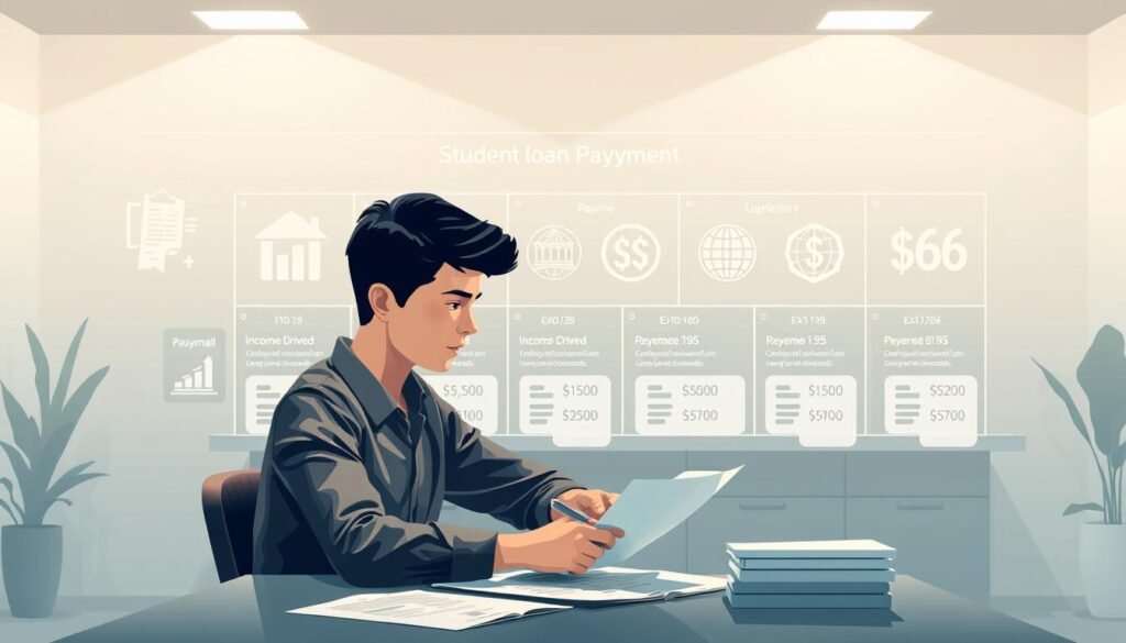 A meticulously detailed illustration of student loan repayment options, captured in a sleek and professional manner. In the foreground, a young adult sits at a desk, contemplating various documents and financial statements. The middle ground showcases a series of icons and infographic elements, representing different repayment plans such as income-driven, standard, and extended options. The background features a subtle, yet sophisticated office environment, with clean lines, muted tones, and a sense of order and organization. The lighting is soft and diffused, creating a contemplative and informative atmosphere. The overall composition conveys a sense of careful consideration and clear, concise guidance on navigating the complexities of student loan repayment. A meticulously detailed illustration of student loan repayment options, captured in a sleek and professional manner. In the foreground, a young adult sits at a desk, contemplating various documents and financial statements. The middle ground showcases a series of icons and infographic elements, representing different repayment plans such as income-driven, standard, and extended options. The background features a subtle, yet sophisticated office environment, with clean lines, muted tones, and a sense of order and organization. The lighting is soft and diffused, creating a contemplative and informative atmosphere. The overall composition conveys a sense of careful consideration and clear, concise guidance on navigating the complexities of student loan repayment.