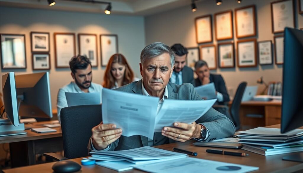 A modern office interior with a desk, computer, and various office supplies. In the foreground, an executive is reviewing loan application documents with a concerned expression. Behind them, a team of financial analysts pores over spreadsheets and financial reports, their faces reflecting the gravity of the loan approval process. Soft, warm lighting illuminates the scene, creating a sense of professionalism and attention to detail. The walls are adorned with framed certificates and awards, suggesting the company's expertise and reputation in the financial industry. The overall atmosphere conveys the high-stakes nature of the loan application process and the importance of making informed decisions. A modern office interior with a desk, computer, and various office supplies. In the foreground, an executive is reviewing loan application documents with a concerned expression. Behind them, a team of financial analysts pores over spreadsheets and financial reports, their faces reflecting the gravity of the loan approval process. Soft, warm lighting illuminates the scene, creating a sense of professionalism and attention to detail. The walls are adorned with framed certificates and awards, suggesting the company's expertise and reputation in the financial industry. The overall atmosphere conveys the high-stakes nature of the loan application process and the importance of making informed decisions.