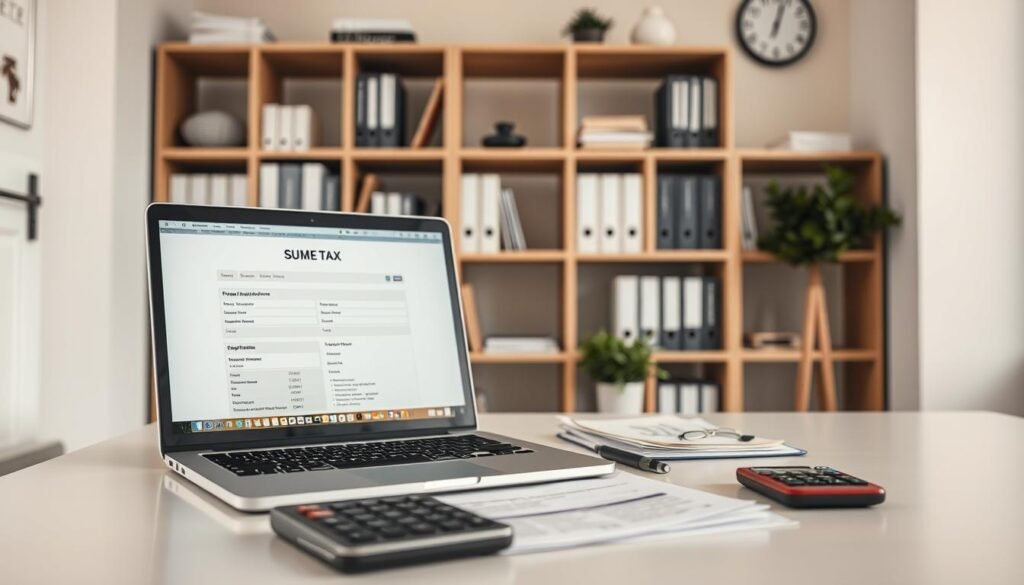 A modern office workspace with a clean, minimalist design. On the desk, a laptop displays a tax submission form, along with various financial documents and a calculator. In the background, a bookshelf filled with tax-related books and a wall clock suggest the passage of time. Soft, diffused lighting creates a calming atmosphere, while the angle of the camera captures the scene from a slightly elevated perspective, emphasizing the importance of the task at hand. The overall composition conveys the professional, yet thoughtful, nature of handling tax-related responsibilities. A modern office workspace with a clean, minimalist design. On the desk, a laptop displays a tax submission form, along with various financial documents and a calculator. In the background, a bookshelf filled with tax-related books and a wall clock suggest the passage of time. Soft, diffused lighting creates a calming atmosphere, while the angle of the camera captures the scene from a slightly elevated perspective, emphasizing the importance of the task at hand. The overall composition conveys the professional, yet thoughtful, nature of handling tax-related responsibilities.