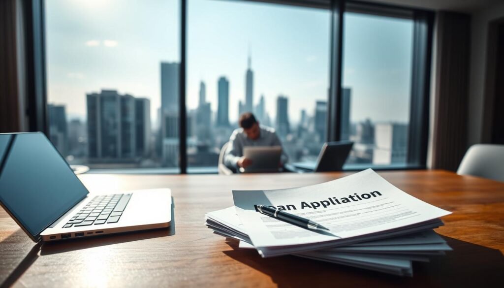 A modern, well-lit office interior with a wooden desk in the foreground. On the desk, a laptop, pen, and a stack of documents labeled "Loan Application". In the middle ground, a person sitting at the desk, studying the paperwork intently. Behind them, a large window overlooking a bustling city skyline. The lighting is soft and natural, creating a calm and professional atmosphere. The angle is slightly elevated, giving a sense of importance to the loan application process. The overall scene conveys the steps and considerations involved in applying for a loan. A modern, well-lit office interior with a wooden desk in the foreground. On the desk, a laptop, pen, and a stack of documents labeled "Loan Application". In the middle ground, a person sitting at the desk, studying the paperwork intently. Behind them, a large window overlooking a bustling city skyline. The lighting is soft and natural, creating a calm and professional atmosphere. The angle is slightly elevated, giving a sense of importance to the loan application process. The overall scene conveys the steps and considerations involved in applying for a loan.