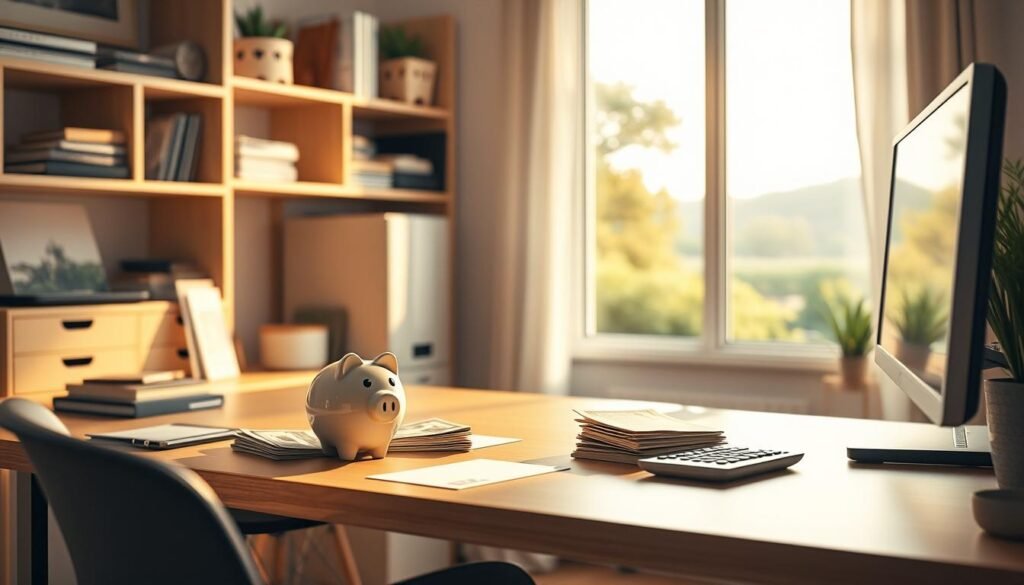 A neatly organized home office with a desk, shelves, and a computer. On the desk, stacks of dollar bills, a piggy bank, and a calculator. Soft, warm lighting illuminates the scene, creating a cozy, contemplative atmosphere. In the background, a window overlooking a serene, natural landscape, suggesting a sense of balance and tranquility. Highly detailed, photorealistic rendering, with a focus on the financial tools and savings elements to convey the importance of building an emergency fund for debt management. A neatly organized home office with a desk, shelves, and a computer. On the desk, stacks of dollar bills, a piggy bank, and a calculator. Soft, warm lighting illuminates the scene, creating a cozy, contemplative atmosphere. In the background, a window overlooking a serene, natural landscape, suggesting a sense of balance and tranquility. Highly detailed, photorealistic rendering, with a focus on the financial tools and savings elements to convey the importance of building an emergency fund for debt management.