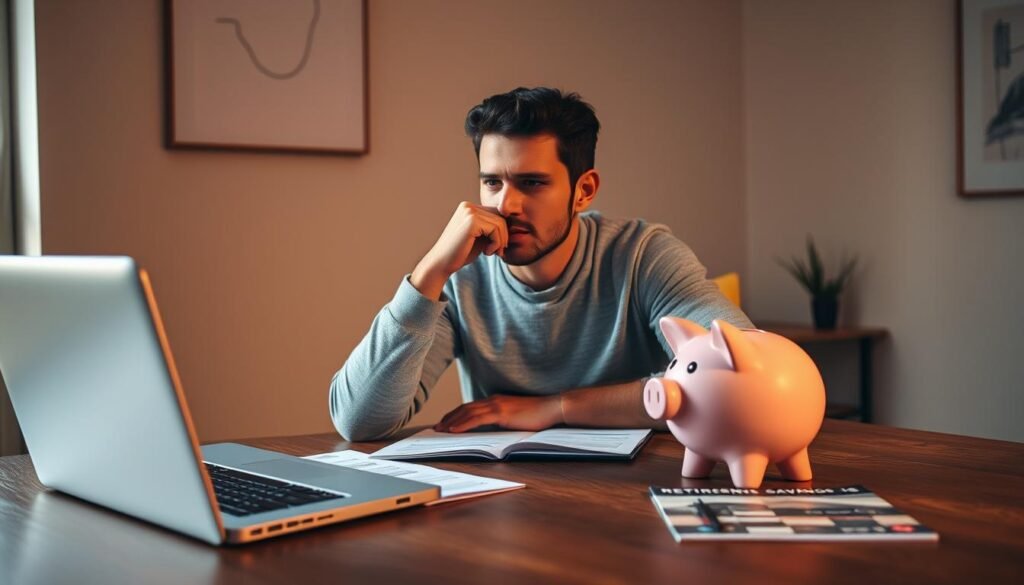 A pensive person sitting at a wooden desk, thoughtfully contemplating financial documents and a laptop. The room is bathed in warm, directional lighting, creating a contemplative atmosphere. On the desk, a piggy bank and a retirement savings plan booklet suggest the careful balancing of emergency funds and long-term retirement planning. The walls are adorned with minimal, abstract art, conveying a sense of financial security and stability. The overall scene captures the essence of thoughtful financial security planning. A pensive person sitting at a wooden desk, thoughtfully contemplating financial documents and a laptop. The room is bathed in warm, directional lighting, creating a contemplative atmosphere. On the desk, a piggy bank and a retirement savings plan booklet suggest the careful balancing of emergency funds and long-term retirement planning. The walls are adorned with minimal, abstract art, conveying a sense of financial security and stability. The overall scene captures the essence of thoughtful financial security planning.