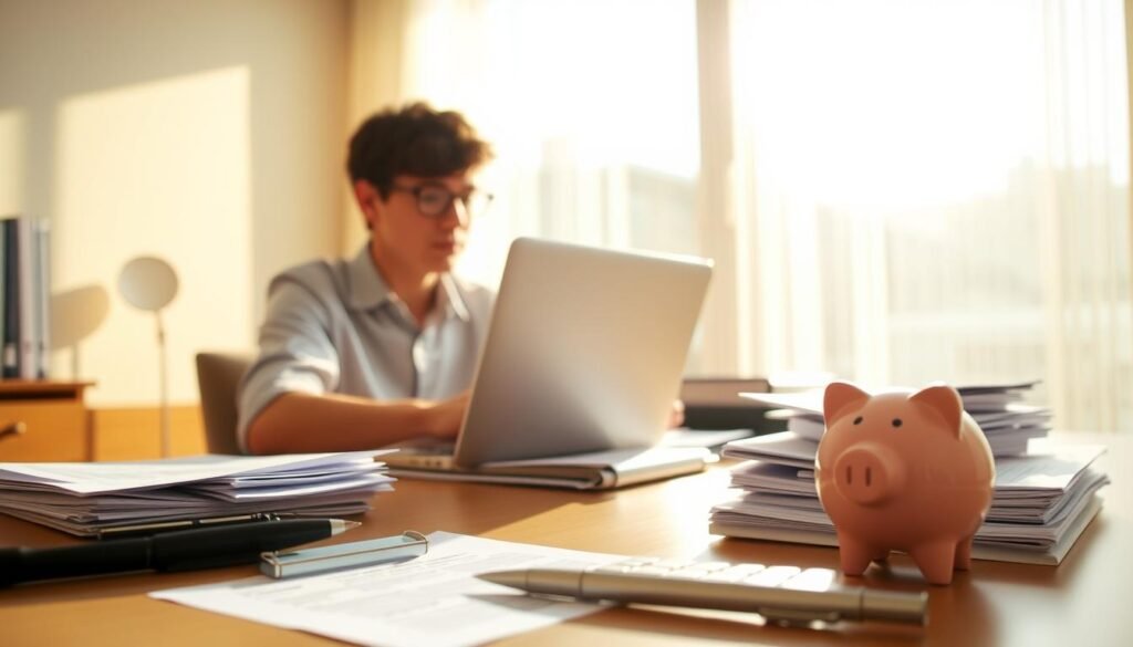 A person sitting at a desk, intently focused on their laptop, surrounded by neatly stacked documents and a piggy bank. The room is bathed in warm, golden light from a large window, creating a sense of calm and productivity. In the foreground, a calculator and a pen are placed prominently, alluding to the careful financial calculations being made. The overall atmosphere conveys a determined, organized, and deliberate approach to paying off a personal loan more quickly. A person sitting at a desk, intently focused on their laptop, surrounded by neatly stacked documents and a piggy bank. The room is bathed in warm, golden light from a large window, creating a sense of calm and productivity. In the foreground, a calculator and a pen are placed prominently, alluding to the careful financial calculations being made. The overall atmosphere conveys a determined, organized, and deliberate approach to paying off a personal loan more quickly.