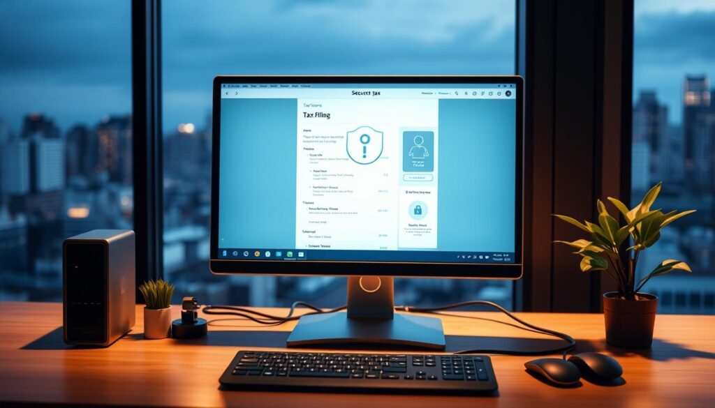 A serene and secure digital workspace, with a desktop computer meticulously arranged for online tax filing. Soft, diffused lighting illuminates the scene, casting a warm glow on the sleek, modern hardware and peripherals. The monitor displays a balanced, intuitive tax preparation interface, surrounded by subtle security icons and indicators, conveying a sense of trust and privacy. In the background, a blurred cityscape suggests a professional, urban setting, while a modest, potted plant adds a touch of nature, creating a harmonious and calming atmosphere for the important task at hand. A serene and secure digital workspace, with a desktop computer meticulously arranged for online tax filing. Soft, diffused lighting illuminates the scene, casting a warm glow on the sleek, modern hardware and peripherals. The monitor displays a balanced, intuitive tax preparation interface, surrounded by subtle security icons and indicators, conveying a sense of trust and privacy. In the background, a blurred cityscape suggests a professional, urban setting, while a modest, potted plant adds a touch of nature, creating a harmonious and calming atmosphere for the important task at hand.