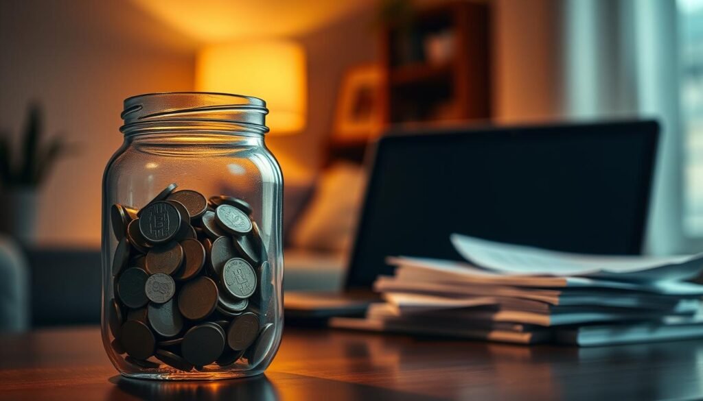 A serene, dimly lit room with a warm, inviting atmosphere. In the foreground, a glass jar filled with coins, representing an emergency fund. The light casts a soft, golden glow, highlighting the importance and security of this financial safety net. In the middle ground, a laptop and a stack of financial documents, symbolizing the role of interest rates in managing savings and emergency funds. The background is blurred, suggesting the focus is on the critical elements of financial planning. The overall composition conveys a sense of thoughtfulness, preparation, and the peace of mind that comes with having an emergency fund in place. A serene, dimly lit room with a warm, inviting atmosphere. In the foreground, a glass jar filled with coins, representing an emergency fund. The light casts a soft, golden glow, highlighting the importance and security of this financial safety net. In the middle ground, a laptop and a stack of financial documents, symbolizing the role of interest rates in managing savings and emergency funds. The background is blurred, suggesting the focus is on the critical elements of financial planning. The overall composition conveys a sense of thoughtfulness, preparation, and the peace of mind that comes with having an emergency fund in place.