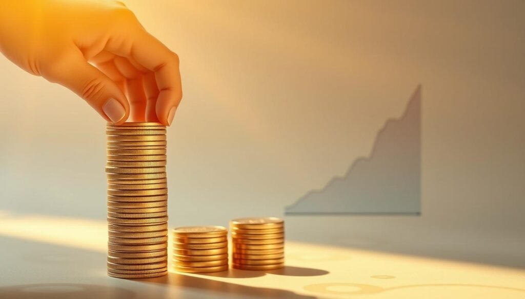 A serene financial landscape, a stack of coins representing dollar cost averaging, bathed in warm, golden light. In the foreground, a hand carefully places coins into the stack, symbolizing the disciplined, long-term investment strategy. In the middle ground, a chart depicting the gradual growth of the investment over time, highlighting the benefits of consistent, periodic contributions. The background showcases a minimalist, elegant design, with subtle patterns and textures that evoke a sense of stability and security. The overall composition conveys a sense of tranquility, control, and the potential for wealth accumulation through patient, systematic investing. A serene financial landscape, a stack of coins representing dollar cost averaging, bathed in warm, golden light. In the foreground, a hand carefully places coins into the stack, symbolizing the disciplined, long-term investment strategy. In the middle ground, a chart depicting the gradual growth of the investment over time, highlighting the benefits of consistent, periodic contributions. The background showcases a minimalist, elegant design, with subtle patterns and textures that evoke a sense of stability and security. The overall composition conveys a sense of tranquility, control, and the potential for wealth accumulation through patient, systematic investing.