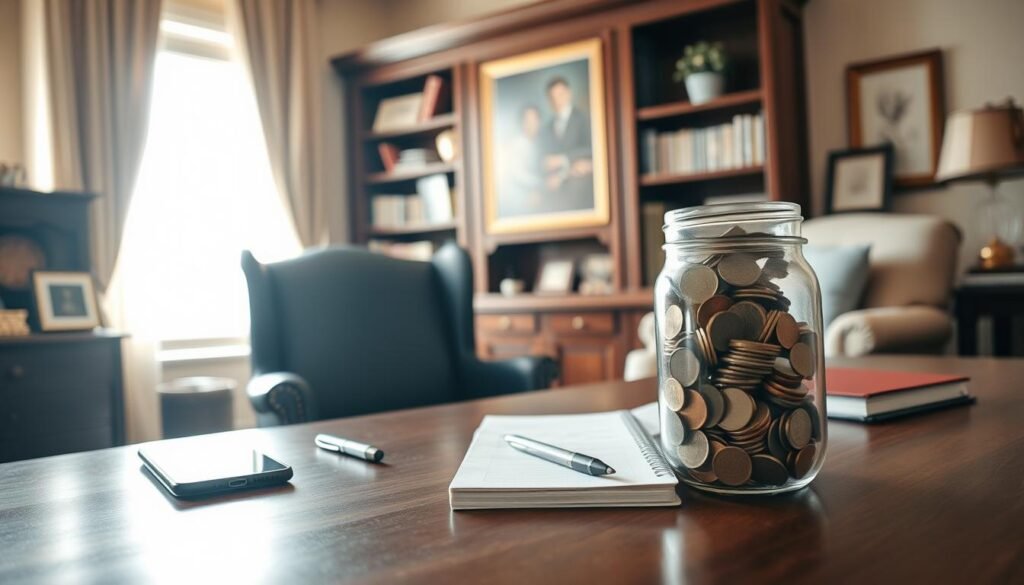 A serene home office scene with a large desk, stately bookcases, and a cozy armchair. Soft natural lighting streams through a window, casting a warm glow. On the desk, a smartphone, a pen, and a notebook sit next to a jar full of coins and bills representing an emergency savings goal. The background features family photos and diplomas, conveying a sense of responsibility and preparedness for life's unexpected events. The overall mood is one of thoughtful consideration, as the viewer contemplates the importance of emergency funds in the face of an ever-changing world. A serene home office scene with a large desk, stately bookcases, and a cozy armchair. Soft natural lighting streams through a window, casting a warm glow. On the desk, a smartphone, a pen, and a notebook sit next to a jar full of coins and bills representing an emergency savings goal. The background features family photos and diplomas, conveying a sense of responsibility and preparedness for life's unexpected events. The overall mood is one of thoughtful consideration, as the viewer contemplates the importance of emergency funds in the face of an ever-changing world.