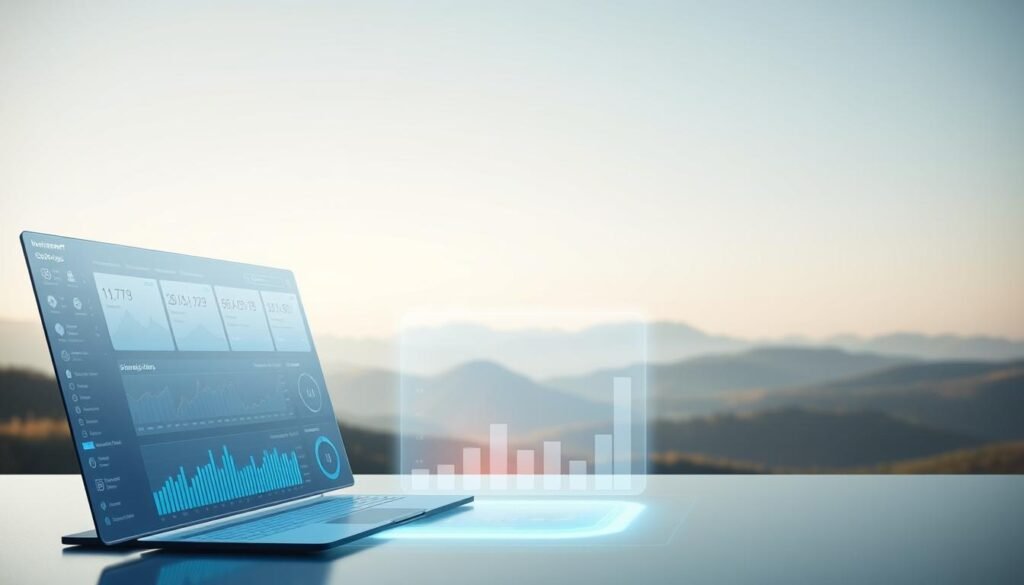 A serene, minimalist composition depicting the automation of retirement savings strategies. In the foreground, a sleek, futuristic graphical user interface displays various investment options and portfolio management tools. The middle ground features a soft, glowing representation of digital financial data, with charts and graphs visualizing investment growth over time. In the distant background, a tranquil landscape of rolling hills and a clear sky creates a peaceful, contemplative atmosphere. The lighting is soft and diffused, highlighting the technological elements while maintaining a sense of balance and harmony. The overall mood evokes a sense of control, organization, and confidence in one's financial future. A serene, minimalist composition depicting the automation of retirement savings strategies. In the foreground, a sleek, futuristic graphical user interface displays various investment options and portfolio management tools. The middle ground features a soft, glowing representation of digital financial data, with charts and graphs visualizing investment growth over time. In the distant background, a tranquil landscape of rolling hills and a clear sky creates a peaceful, contemplative atmosphere. The lighting is soft and diffused, highlighting the technological elements while maintaining a sense of balance and harmony. The overall mood evokes a sense of control, organization, and confidence in one's financial future.