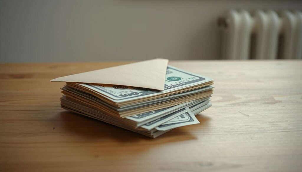 A stack of crisp, new banknotes in different denominations, partially hidden behind a paper envelope, placed on a clean, minimalist wooden table. The light from a nearby window casts a soft, warm glow, creating a sense of security and stability. The composition emphasizes the notion of having money readily available for unexpected expenses, a visual representation of a well-stocked emergency fund. The image conveys a feeling of preparedness, financial responsibility, and the peace of mind that comes with having a financial safety net in place. A stack of crisp, new banknotes in different denominations, partially hidden behind a paper envelope, placed on a clean, minimalist wooden table. The light from a nearby window casts a soft, warm glow, creating a sense of security and stability. The composition emphasizes the notion of having money readily available for unexpected expenses, a visual representation of a well-stocked emergency fund. The image conveys a feeling of preparedness, financial responsibility, and the peace of mind that comes with having a financial safety net in place.