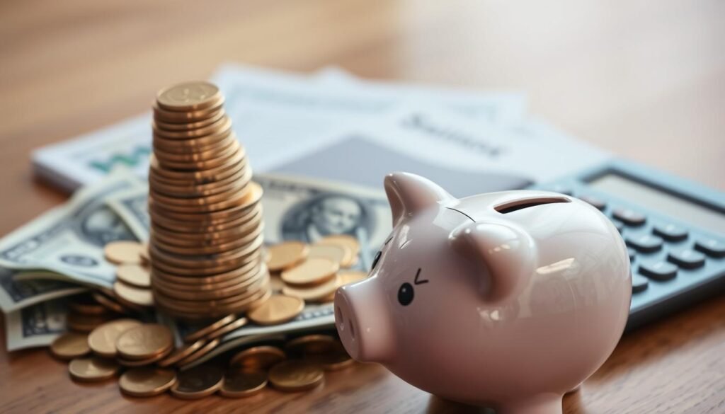 A stack of gold coins, nestled amidst a pile of dollar bills, casts a warm glow under soft, diffused lighting. In the foreground, a piggy bank sits atop a wooden table, its ceramic surface reflecting the ambient light. In the background, a savings account passbook and a calculator symbolize the financial planning and discipline required to build an emergency fund. The overall mood is one of security, stability, and the comfort that comes from being prepared for unexpected events. A stack of gold coins, nestled amidst a pile of dollar bills, casts a warm glow under soft, diffused lighting. In the foreground, a piggy bank sits atop a wooden table, its ceramic surface reflecting the ambient light. In the background, a savings account passbook and a calculator symbolize the financial planning and discipline required to build an emergency fund. The overall mood is one of security, stability, and the comfort that comes from being prepared for unexpected events.