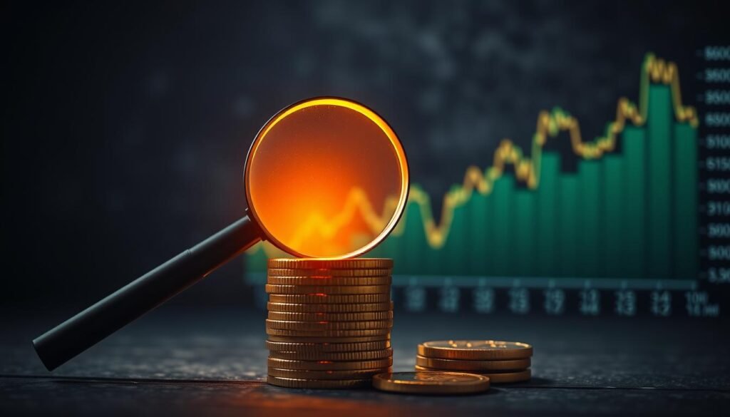 A stack of gold coins with a magnifying glass hovering over them, casting a warm glow. In the background, a financial chart with fluctuating lines representing personal loan interest rates. The scene is set against a dimly lit, textured backdrop, creating a sense of depth and introspection. The lighting is soft and directional, emphasizing the key elements and drawing the viewer's attention to the interplay between the financial data and the tangible representation of interest rates. A stack of gold coins with a magnifying glass hovering over them, casting a warm glow. In the background, a financial chart with fluctuating lines representing personal loan interest rates. The scene is set against a dimly lit, textured backdrop, creating a sense of depth and introspection. The lighting is soft and directional, emphasizing the key elements and drawing the viewer's attention to the interplay between the financial data and the tangible representation of interest rates.