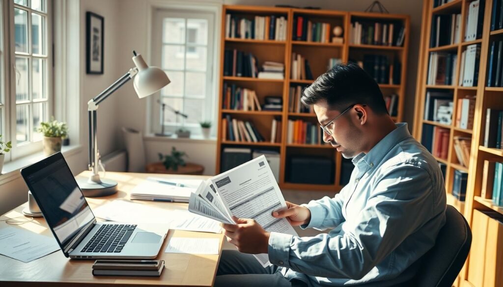 A sunny home office scene, with a desk featuring a laptop, desk lamp, and neatly organized financial documents. In the foreground, a person sits and reviews their emergency fund statements, expression thoughtful. Bookshelves line the walls, providing a sense of knowledge and preparedness. The lighting is warm and natural, creating a cozy, productive atmosphere. The angle is slightly elevated, giving a sense of oversight and careful consideration. The overall composition conveys a sense of financial responsibility and annual review of one's emergency savings. A sunny home office scene, with a desk featuring a laptop, desk lamp, and neatly organized financial documents. In the foreground, a person sits and reviews their emergency fund statements, expression thoughtful. Bookshelves line the walls, providing a sense of knowledge and preparedness. The lighting is warm and natural, creating a cozy, productive atmosphere. The angle is slightly elevated, giving a sense of oversight and careful consideration. The overall composition conveys a sense of financial responsibility and annual review of one's emergency savings.