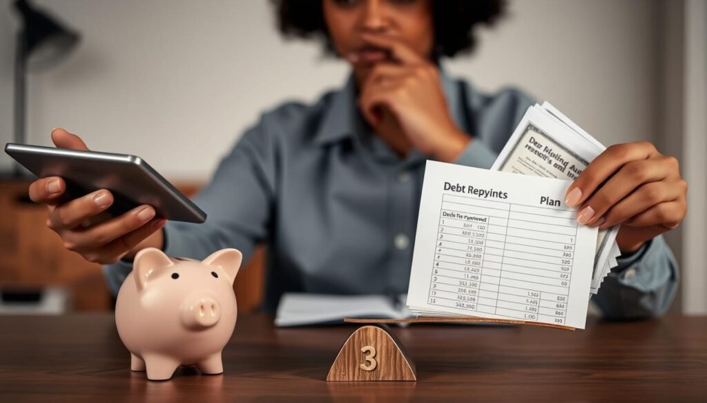 A thoughtful individual meticulously balances their finances, with one hand holding a calculator and the other clutching a stack of bills. In the foreground, a piggy bank and a debt repayment plan form a delicate equilibrium, symbolizing the careful consideration required to allocate resources between saving and debt reduction. The background depicts a serene, minimalist office setting, with a wooden desk, a potted plant, and muted tones that evoke a sense of focus and intentionality. Soft, directional lighting illuminates the scene, creating a contemplative atmosphere as the subject navigates the complexities of personal financial management. A thoughtful individual meticulously balances their finances, with one hand holding a calculator and the other clutching a stack of bills. In the foreground, a piggy bank and a debt repayment plan form a delicate equilibrium, symbolizing the careful consideration required to allocate resources between saving and debt reduction. The background depicts a serene, minimalist office setting, with a wooden desk, a potted plant, and muted tones that evoke a sense of focus and intentionality. Soft, directional lighting illuminates the scene, creating a contemplative atmosphere as the subject navigates the complexities of personal financial management.