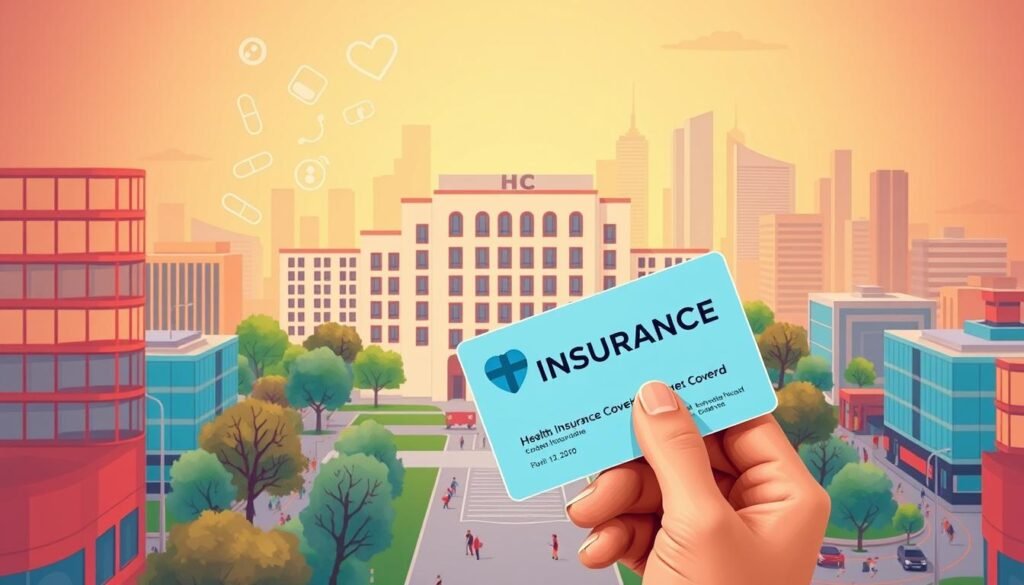 A vibrant, detailed illustration of health insurance coverage in the United States. In the foreground, a person holds an insurance card, the design showcasing a modern, minimalist aesthetic. Behind them, a grid of medical icons - pills, stethoscopes, x-rays - symbolizing the breadth of covered services. The middle ground features a stylized hospital building, its architecture blending contemporary and traditional elements. In the background, a city skyline with skyscrapers and bustling streets, conveying the broad accessibility of health insurance. Warm, diffused lighting casts a sense of comfort and reassurance over the scene. The overall composition balances informative clarity with an inviting, visually appealing aesthetic. A vibrant, detailed illustration of health insurance coverage in the United States. In the foreground, a person holds an insurance card, the design showcasing a modern, minimalist aesthetic. Behind them, a grid of medical icons - pills, stethoscopes, x-rays - symbolizing the breadth of covered services. The middle ground features a stylized hospital building, its architecture blending contemporary and traditional elements. In the background, a city skyline with skyscrapers and bustling streets, conveying the broad accessibility of health insurance. Warm, diffused lighting casts a sense of comfort and reassurance over the scene. The overall composition balances informative clarity with an inviting, visually appealing aesthetic.