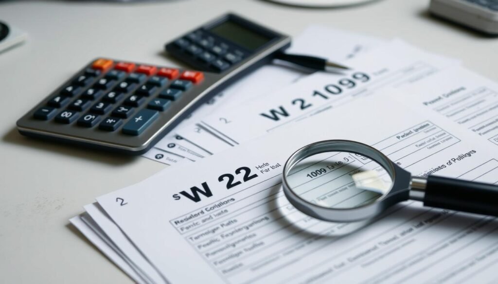 A well-lit, close-up view of a desk displaying a stack of W-2 and 1099 tax forms, along with a calculator, a pen, and a magnifying glass. The forms are neatly arranged, with a focused, analytical atmosphere. The lighting is soft and even, highlighting the details and textures of the documents. The camera angle is slightly elevated, creating a sense of immersion and attention to the task at hand. The overall mood is one of concentration and understanding, reflecting the need to carefully interpret the information on these important financial documents. A well-lit, close-up view of a desk displaying a stack of W-2 and 1099 tax forms, along with a calculator, a pen, and a magnifying glass. The forms are neatly arranged, with a focused, analytical atmosphere. The lighting is soft and even, highlighting the details and textures of the documents. The camera angle is slightly elevated, creating a sense of immersion and attention to the task at hand. The overall mood is one of concentration and understanding, reflecting the need to carefully interpret the information on these important financial documents.