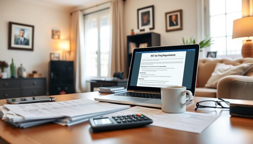 A well-lit home office scene with a neatly organized desk and a laptop displaying IRS tax filing requirements. On the desk, a stack of tax forms, a calculator, and a cup of coffee. The room is warm and inviting, with soft lighting and framed artwork on the walls. The overall atmosphere conveys a sense of diligence and attention to detail, reflecting the importance of properly filing tax documents. A large window in the background provides natural illumination, and the angle captures a clean, professional look. A well-lit home office scene with a neatly organized desk and a laptop displaying IRS tax filing requirements. On the desk, a stack of tax forms, a calculator, and a cup of coffee. The room is warm and inviting, with soft lighting and framed artwork on the walls. The overall atmosphere conveys a sense of diligence and attention to detail, reflecting the importance of properly filing tax documents. A large window in the background provides natural illumination, and the angle captures a clean, professional look.