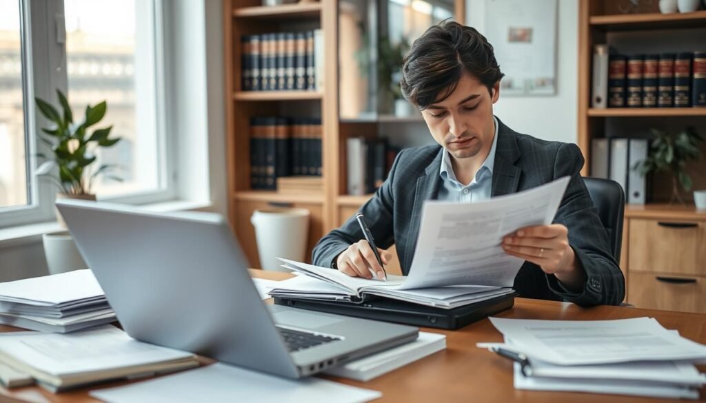 A well-lit office interior, with a person sitting at a desk meticulously filling out insurance claim forms. The desk is cluttered with papers, a laptop, and a stack of documents - all neatly organized. The person, wearing professional attire, is focused intently on the task at hand, their expression one of concentration. The background features a bookshelf filled with legal reference materials and a potted plant, conveying a sense of professionalism and attention to detail. The overall scene evokes a calm, efficient atmosphere, reflecting the seriousness and care required in the claims filing process. A well-lit office interior, with a person sitting at a desk meticulously filling out insurance claim forms. The desk is cluttered with papers, a laptop, and a stack of documents - all neatly organized. The person, wearing professional attire, is focused intently on the task at hand, their expression one of concentration. The background features a bookshelf filled with legal reference materials and a potted plant, conveying a sense of professionalism and attention to detail. The overall scene evokes a calm, efficient atmosphere, reflecting the seriousness and care required in the claims filing process.