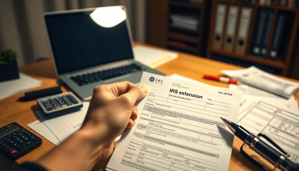 A well-lit office setting, with a desk prominently featuring a laptop, calculator, and scattered tax-related documents. In the foreground, a hand is filling out an IRS extension form, conveying the act of taking advantage of this tax-filing benefit. The lighting is warm and inviting, creating a sense of productivity and diligence. The background is slightly blurred, but suggests a cozy, professional atmosphere, perhaps with a bookshelf or filing cabinet visible. The overall mood is one of focus, organization, and the empowering nature of the IRS extension process. A well-lit office setting, with a desk prominently featuring a laptop, calculator, and scattered tax-related documents. In the foreground, a hand is filling out an IRS extension form, conveying the act of taking advantage of this tax-filing benefit. The lighting is warm and inviting, creating a sense of productivity and diligence. The background is slightly blurred, but suggests a cozy, professional atmosphere, perhaps with a bookshelf or filing cabinet visible. The overall mood is one of focus, organization, and the empowering nature of the IRS extension process.