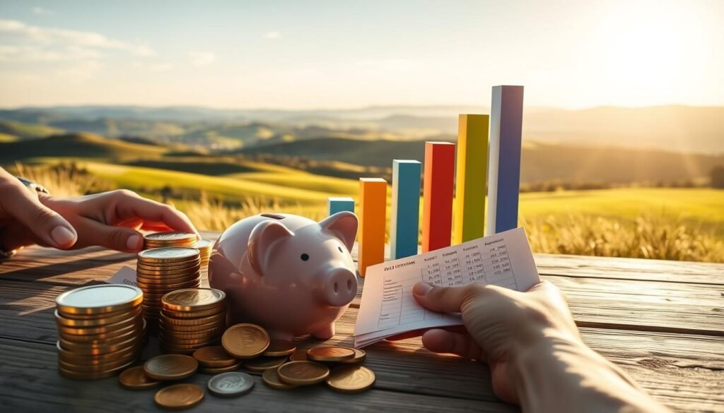 A well-lit, wide-angle scene depicting various investment vehicles representing retirement compound interest options. In the foreground, a stack of gold coins, a piggy bank, and a person's hand holding a financial document. In the middle ground, a 3D bar graph illustrating investment growth over time, with different colored bars representing different investment types. In the background, a serene landscape with a horizon of rolling hills and a bright, sun-filled sky. The overall atmosphere is one of financial security, potential, and a sense of long-term prosperity. A well-lit, wide-angle scene depicting various investment vehicles representing retirement compound interest options. In the foreground, a stack of gold coins, a piggy bank, and a person's hand holding a financial document. In the middle ground, a 3D bar graph illustrating investment growth over time, with different colored bars representing different investment types. In the background, a serene landscape with a horizon of rolling hills and a bright, sun-filled sky. The overall atmosphere is one of financial security, potential, and a sense of long-term prosperity.