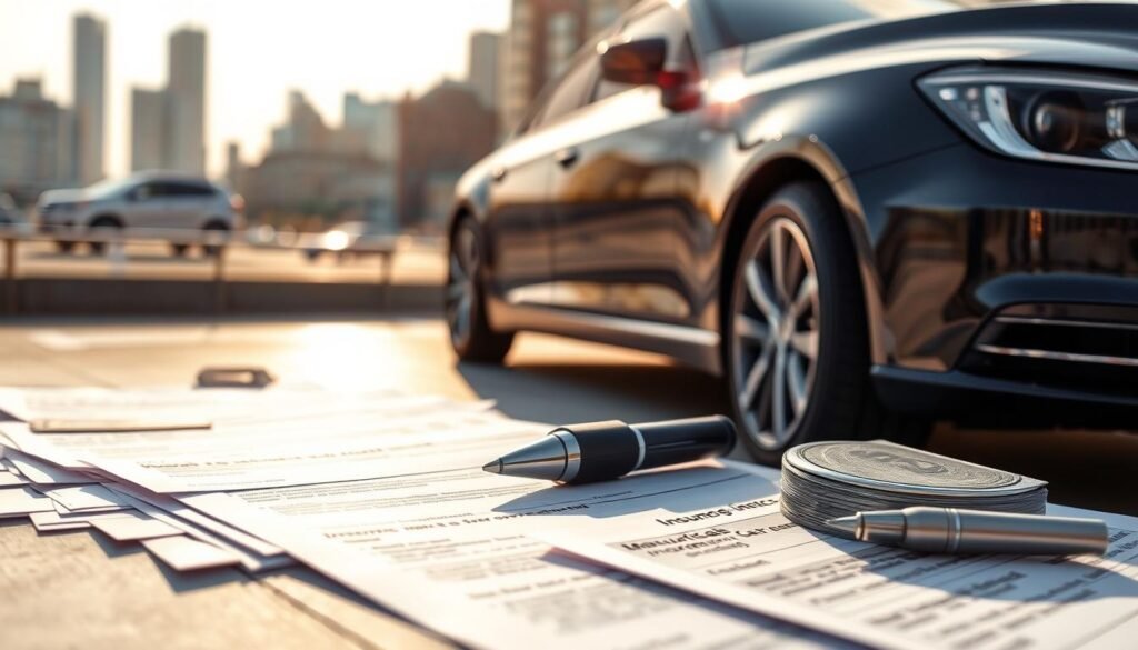 An imposing sedan with a glossy exterior stands prominently in the foreground, its chrome trim gleaming under the warm afternoon sun. In the middle ground, an array of insurance policy documents and forms are neatly arranged, highlighting the comprehensive coverage options available. The background features a blurred cityscape, conveying a sense of security and protection amidst the bustling urban landscape. The overall scene exudes a tone of professionalism and reliability, reflecting the importance of robust auto insurance coverage. An imposing sedan with a glossy exterior stands prominently in the foreground, its chrome trim gleaming under the warm afternoon sun. In the middle ground, an array of insurance policy documents and forms are neatly arranged, highlighting the comprehensive coverage options available. The background features a blurred cityscape, conveying a sense of security and protection amidst the bustling urban landscape. The overall scene exudes a tone of professionalism and reliability, reflecting the importance of robust auto insurance coverage.