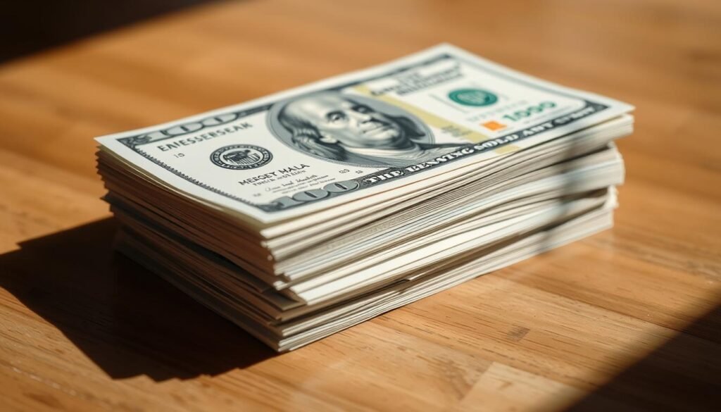 Detailed close-up shot of a stack of crisp, freshly minted 100 dollar bills, neatly arranged on a clean, wooden table. The lighting is soft and natural, casting gentle shadows that highlight the texture and sheen of the currency. The background is slightly blurred, allowing the money to be the central focus. The overall mood is one of security, stability, and financial preparedness, conveying the importance of maintaining an emergency cash reserve. Detailed close-up shot of a stack of crisp, freshly minted 100 dollar bills, neatly arranged on a clean, wooden table. The lighting is soft and natural, casting gentle shadows that highlight the texture and sheen of the currency. The background is slightly blurred, allowing the money to be the central focus. The overall mood is one of security, stability, and financial preparedness, conveying the importance of maintaining an emergency cash reserve.