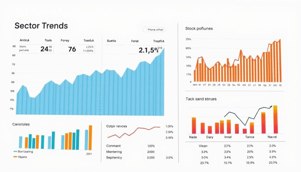 Detailed stock market sector performance trends, displayed in a sleek, modern data visualization. A clean, minimalist composition with a focus on clear, easy-to-read graphs and charts. Crisp, high-contrast colors highlight the relative performance of various industries and sectors. Elegant, sans-serif typography complements the data visualizations. Bright, natural lighting casts an airy, sophisticated mood. Shot from a slightly elevated perspective to convey an objective, analytical viewpoint. No distracting backgrounds or unnecessary embellishments - the data is the star. Detailed stock market sector performance trends, displayed in a sleek, modern data visualization. A clean, minimalist composition with a focus on clear, easy-to-read graphs and charts. Crisp, high-contrast colors highlight the relative performance of various industries and sectors. Elegant, sans-serif typography complements the data visualizations. Bright, natural lighting casts an airy, sophisticated mood. Shot from a slightly elevated perspective to convey an objective, analytical viewpoint. No distracting backgrounds or unnecessary embellishments - the data is the star.
