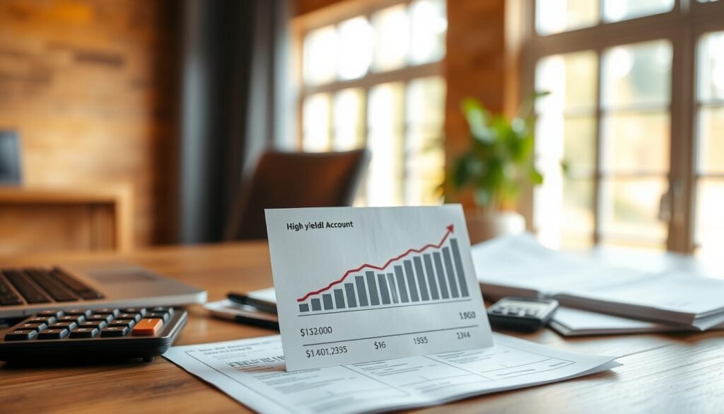 High-yield savings account with investment growth in mind, sitting on a wooden table with a laptop, calculator, and financial documents nearby. Warm, natural lighting from large windows creates a soft, inviting atmosphere. The account statement displays a steadily increasing balance, symbolizing the gradual growth of savings for future investments. Shallow depth of field blurs the background, keeping the focus on the savings account and related financial tools. The overall composition conveys a sense of financial preparedness and the potential for investment opportunities. High-yield savings account with investment growth in mind, sitting on a wooden table with a laptop, calculator, and financial documents nearby. Warm, natural lighting from large windows creates a soft, inviting atmosphere. The account statement displays a steadily increasing balance, symbolizing the gradual growth of savings for future investments. Shallow depth of field blurs the background, keeping the focus on the savings account and related financial tools. The overall composition conveys a sense of financial preparedness and the potential for investment opportunities.