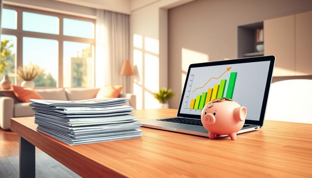Savings rate increase: a vibrant illustration of financial growth. A detailed, modern apartment interior with large windows flooding the room with warm, natural lighting. On a sleek wooden table, a stack of neatly organized bills and documents, alongside a laptop and a piggy bank overflowing with coins. A bar graph on the laptop's screen depicts a steadily climbing savings rate, visualizing the financial progress. Minimalist decor and clean lines convey a sense of organization and control over one's finances. The overall mood is one of positivity, achievement, and a growing financial security. Savings rate increase: a vibrant illustration of financial growth. A detailed, modern apartment interior with large windows flooding the room with warm, natural lighting. On a sleek wooden table, a stack of neatly organized bills and documents, alongside a laptop and a piggy bank overflowing with coins. A bar graph on the laptop's screen depicts a steadily climbing savings rate, visualizing the financial progress. Minimalist decor and clean lines convey a sense of organization and control over one's finances. The overall mood is one of positivity, achievement, and a growing financial security.