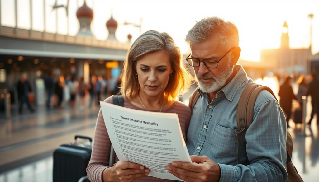 Vibrant travel landscape with a middle-aged couple examining a travel insurance policy under the warm, golden-hour sunlight. Subtle blurred background of bustling airport terminal with passengers, luggage, and iconic architectural elements. Couple's expressions convey thoughtfulness and slight concern as they carefully review the policy details. Soft, shallow depth of field, with the policy text in sharp focus. Muted, earthy color palette evoking a sense of security and reliability. Elegant, minimal typography on the policy document. Overall, a visually compelling scene that communicates the importance and reassurance of travel insurance. Vibrant travel landscape with a middle-aged couple examining a travel insurance policy under the warm, golden-hour sunlight. Subtle blurred background of bustling airport terminal with passengers, luggage, and iconic architectural elements. Couple's expressions convey thoughtfulness and slight concern as they carefully review the policy details. Soft, shallow depth of field, with the policy text in sharp focus. Muted, earthy color palette evoking a sense of security and reliability. Elegant, minimal typography on the policy document. Overall, a visually compelling scene that communicates the importance and reassurance of travel insurance.