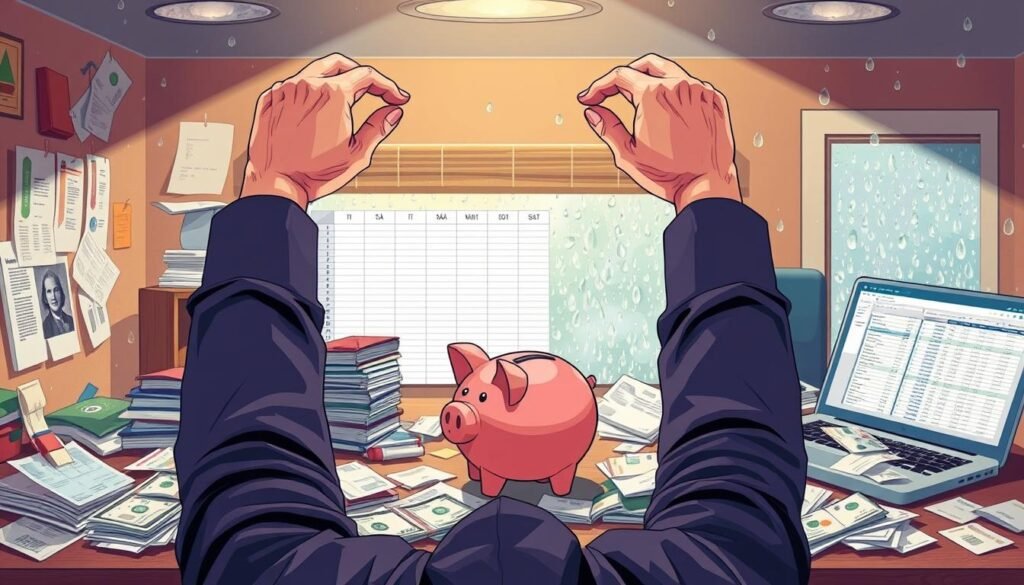 a detailed illustration of "emergency fund mistakes" showing a cluttered desk with scattered bills, receipts, and a piggy bank, all under harsh overhead lighting, creating a sense of financial chaos and stress. In the foreground, a person's hands are grasping their head in frustration. The middle ground features a laptop with an open spreadsheet, representing the complexity of managing personal finances. In the background, a window with rain-streaked glass suggests the unpredictable nature of emergencies. The overall scene conveys the common pitfalls of not having a well-organized emergency fund, such as disorganization, lack of planning, and being unprepared for unexpected expenses. a detailed illustration of "emergency fund mistakes" showing a cluttered desk with scattered bills, receipts, and a piggy bank, all under harsh overhead lighting, creating a sense of financial chaos and stress. In the foreground, a person's hands are grasping their head in frustration. The middle ground features a laptop with an open spreadsheet, representing the complexity of managing personal finances. In the background, a window with rain-streaked glass suggests the unpredictable nature of emergencies. The overall scene conveys the common pitfalls of not having a well-organized emergency fund, such as disorganization, lack of planning, and being unprepared for unexpected expenses.