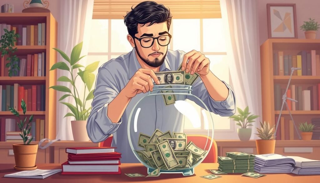 a detailed illustration of "emergency fund replenishment", showing a person carefully and meticulously refilling a large transparent piggy bank or money jar with stacks of cash, with a calm and focused expression, against a backdrop of a warm, cozy home office or study setting with bookshelves, potted plants, and soft natural lighting from a window, conveying a sense of financial responsibility, security, and personal achievement a detailed illustration of "emergency fund replenishment", showing a person carefully and meticulously refilling a large transparent piggy bank or money jar with stacks of cash, with a calm and focused expression, against a backdrop of a warm, cozy home office or study setting with bookshelves, potted plants, and soft natural lighting from a window, conveying a sense of financial responsibility, security, and personal achievement