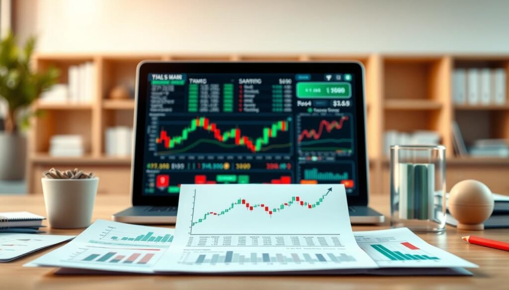 a detailed, realistic illustration of the stock market basics for beginner investors. a foreground with several simplified stock charts, graphs, and financial data visualizations, displayed on a desk or table, with a clean, minimalist design. a middle ground featuring a laptop or tablet displaying additional investment information, with a neutral, office-like background. soft, natural lighting, with a calm, professional atmosphere. the overall composition should convey a sense of learning, understanding, and guidance for those new to investing in the stock market. a detailed, realistic illustration of the stock market basics for beginner investors. a foreground with several simplified stock charts, graphs, and financial data visualizations, displayed on a desk or table, with a clean, minimalist design. a middle ground featuring a laptop or tablet displaying additional investment information, with a neutral, office-like background. soft, natural lighting, with a calm, professional atmosphere. the overall composition should convey a sense of learning, understanding, and guidance for those new to investing in the stock market.